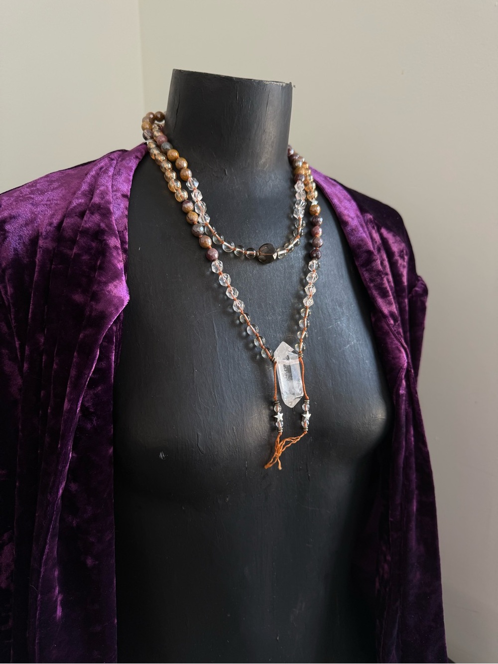 Clear Quartz, mookaite Jasper , Smokey Quartz beaded mala necklace pendant boho